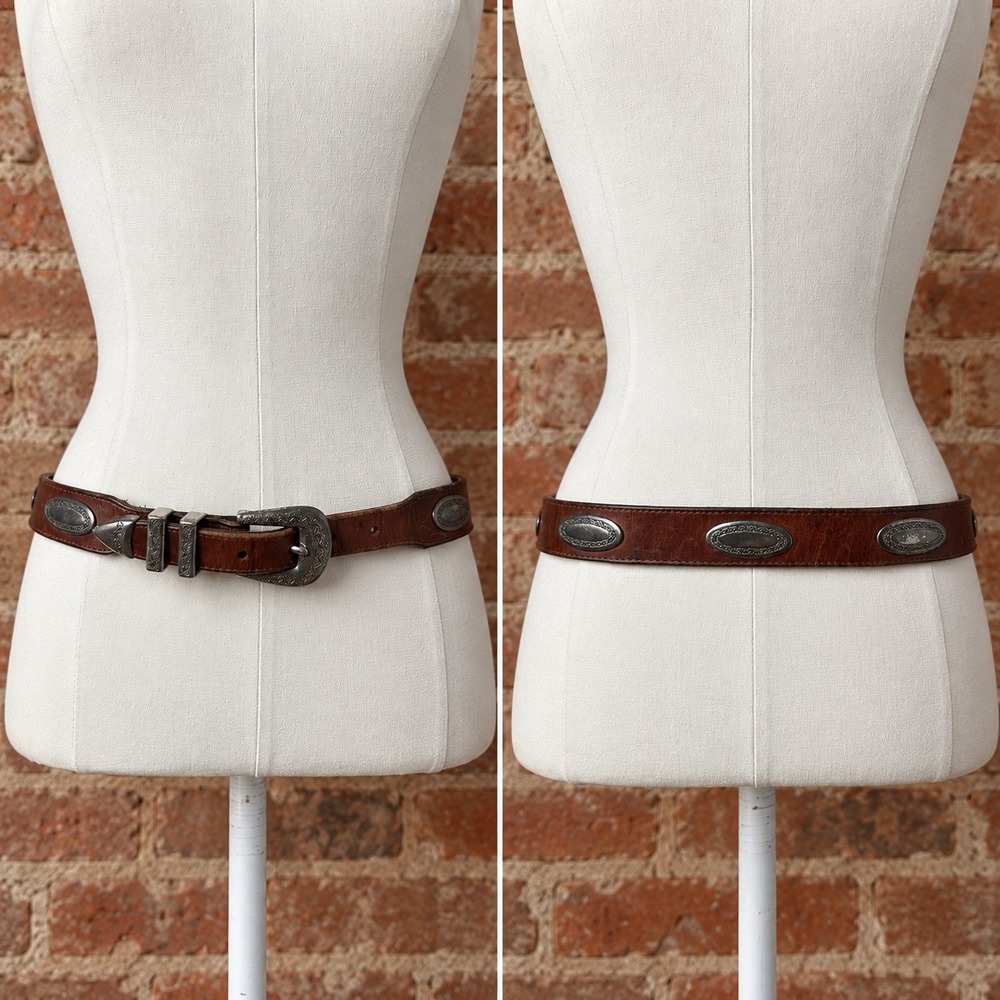 Vintage Red Leather Western Concho Belt XL Silver Boho Southwestern Rustic Rodeo